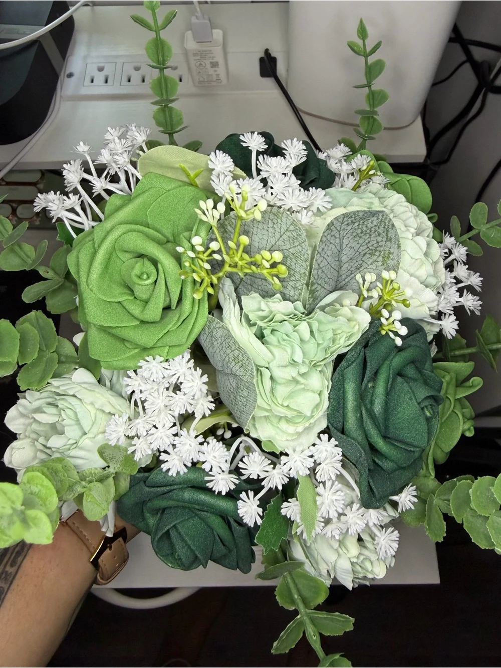 Artificial Green and White Floral Bouquet - Elegant Home Accent